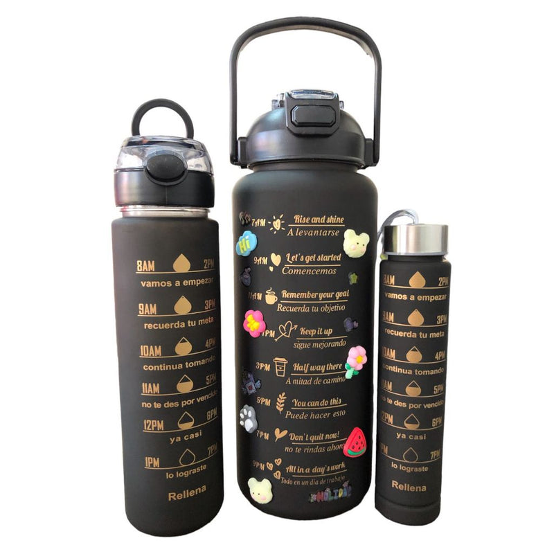 KIT 3 GARRAFAS MOTIVACIONAIS  2Litros 900ml 300ml Squeeze + Adesivos